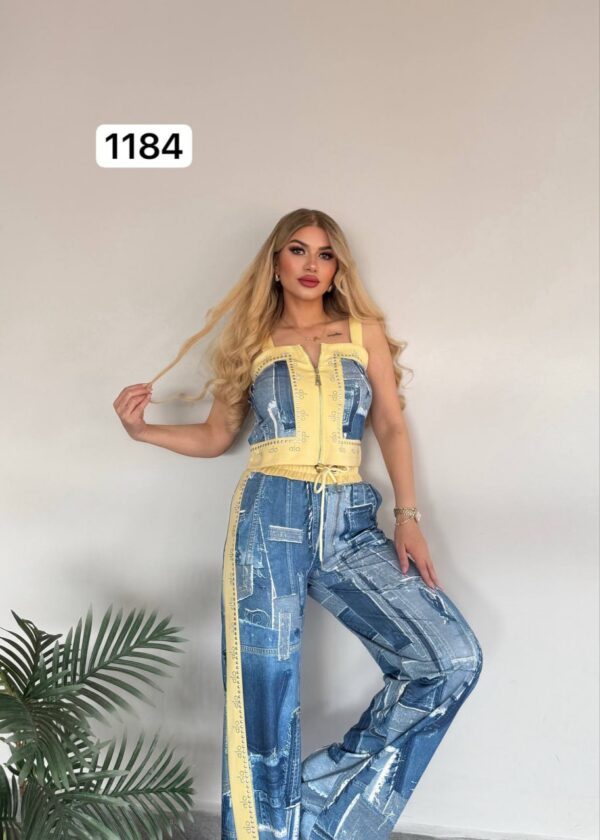 Women's Denim Patchwork Two-Piece Set Crop Top Joggers