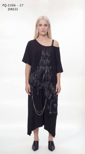 Avant-Garde Asymmetric Black Dress with Chain Detail