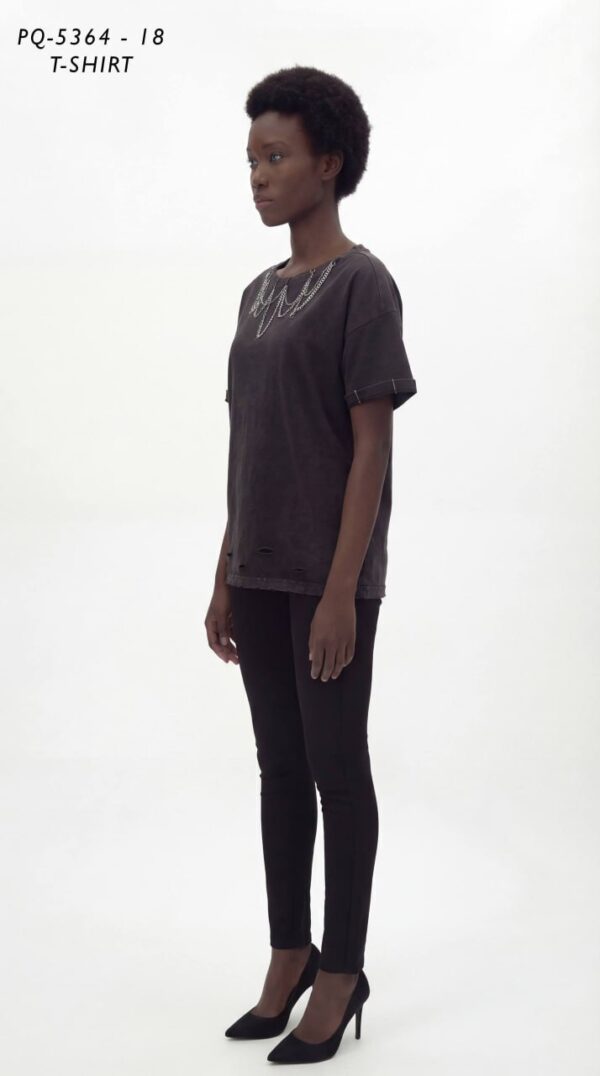 Women's Distressed Washed T-Shirt with Chain Detail