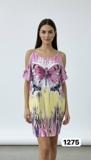 file_2455-1.jpg Butterfly Print Cold Shoulder Wholesale Tunic Dress