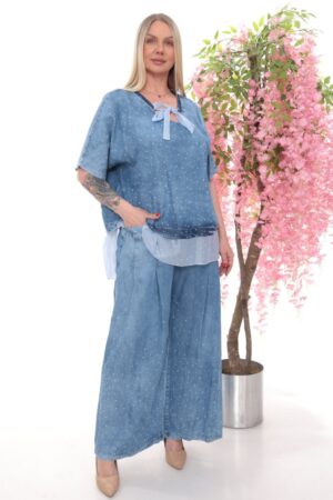 Crystal Studded Denim Two-Piece Palazzo Set