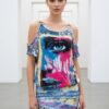 Graffiti Eye Print Cold-Shoulder Dress Set
