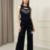 Embellished Wing Motif Top & Studded Wide-Leg Pant Set