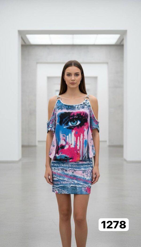 Graffiti Eye Print Cold-Shoulder Dress Set