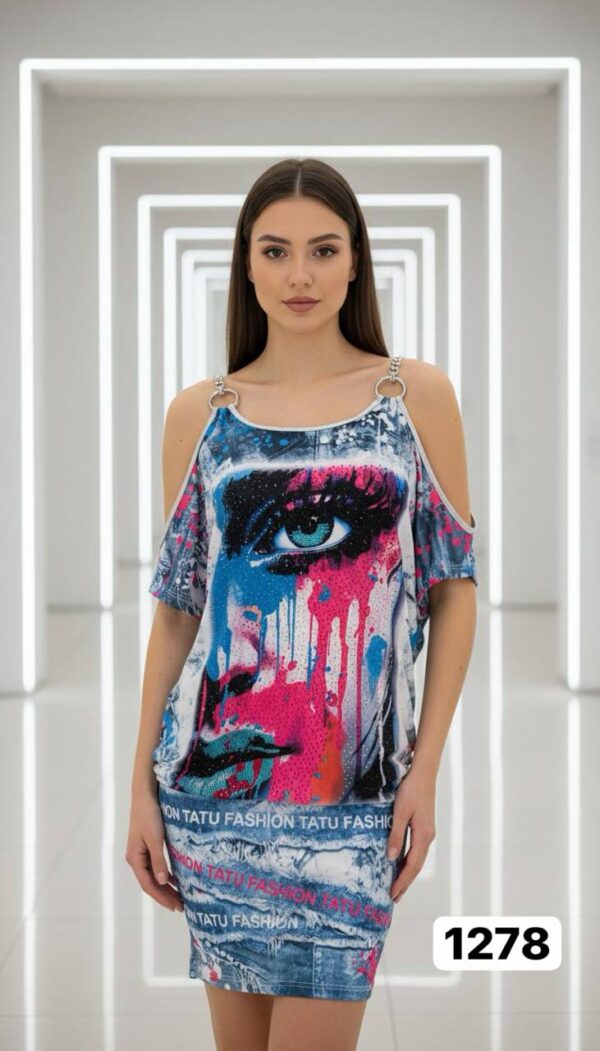 Graffiti Eye Print Cold-Shoulder Dress Set