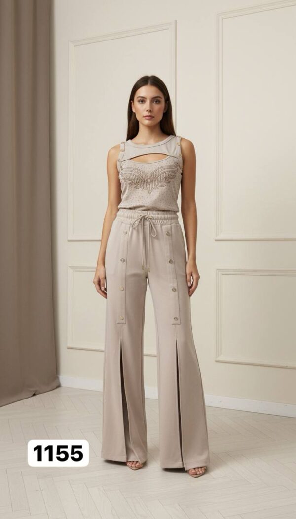 Embellished Wing Motif Top & Studded Wide-Leg Pant Set