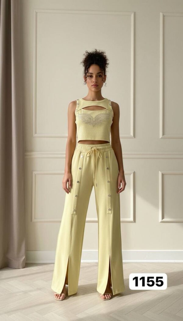 Embellished Wing Motif Top & Studded Wide-Leg Pant Set