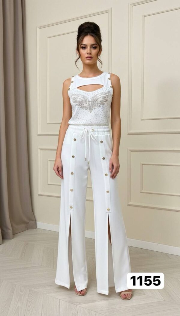 Embellished Wing Motif Top & Studded Wide-Leg Pant Set