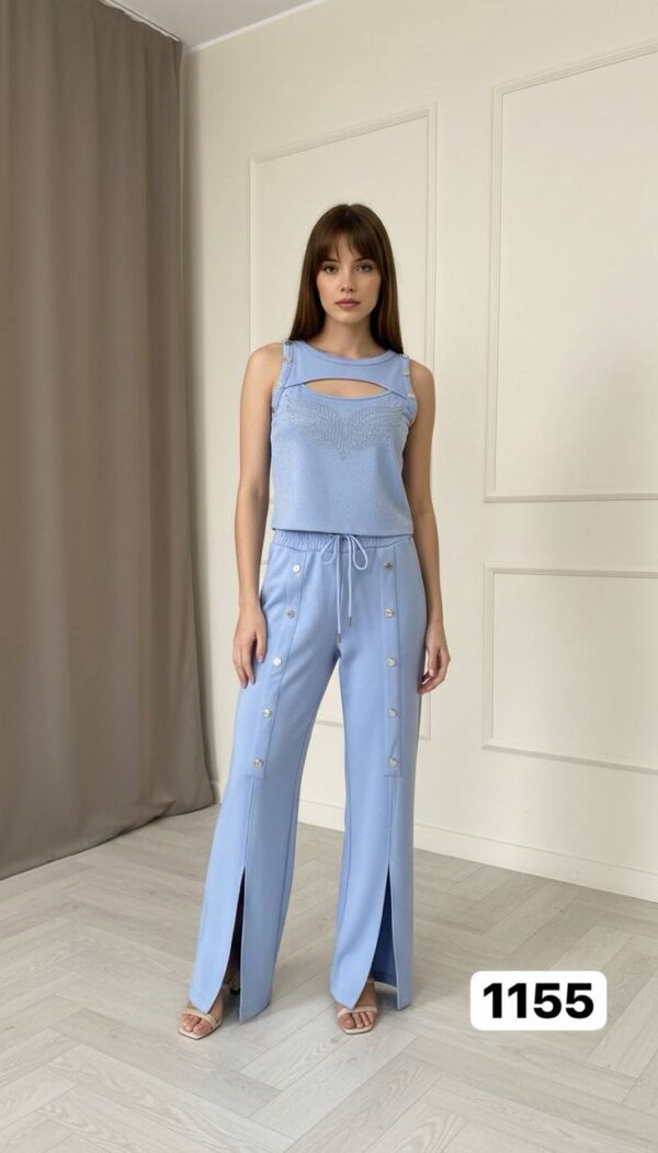 Embellished Wing Motif Top & Studded Wide-Leg Pant Set