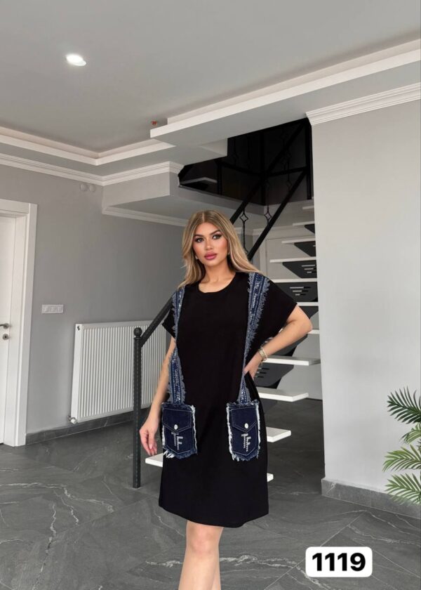 Women's Black Denim Accented Tunic Dress