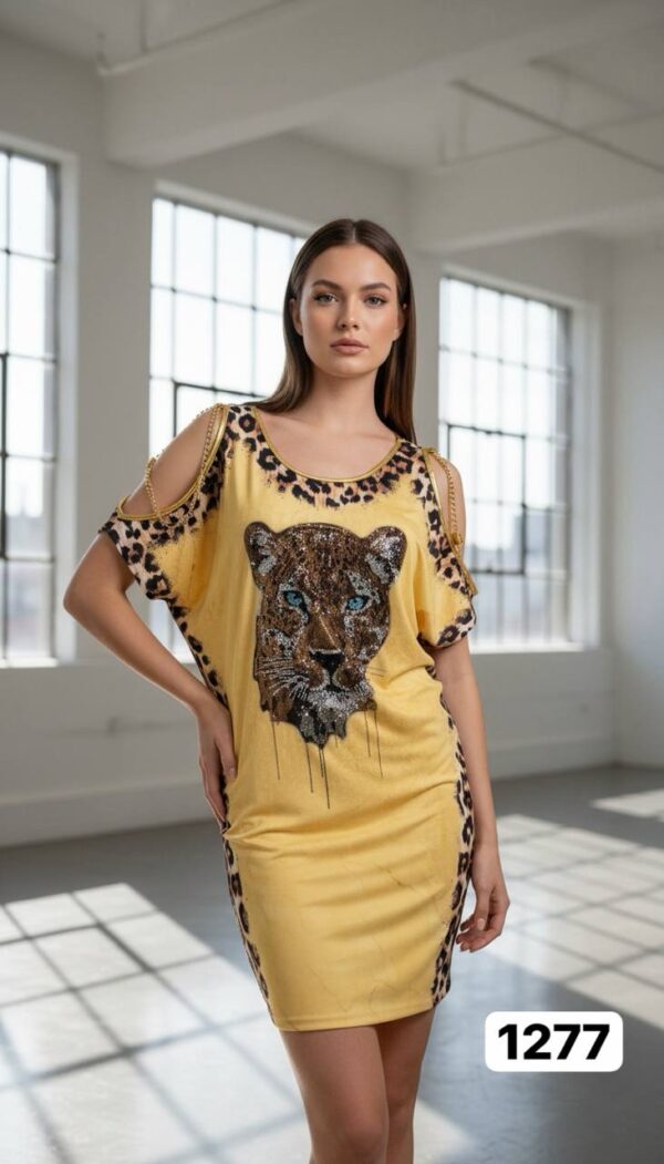 Wholesale Leopard Graphic Chain-Detail Cold Shoulder Dress