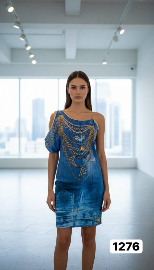 Wholesale Asymmetrical Denim & Chain Print Dress