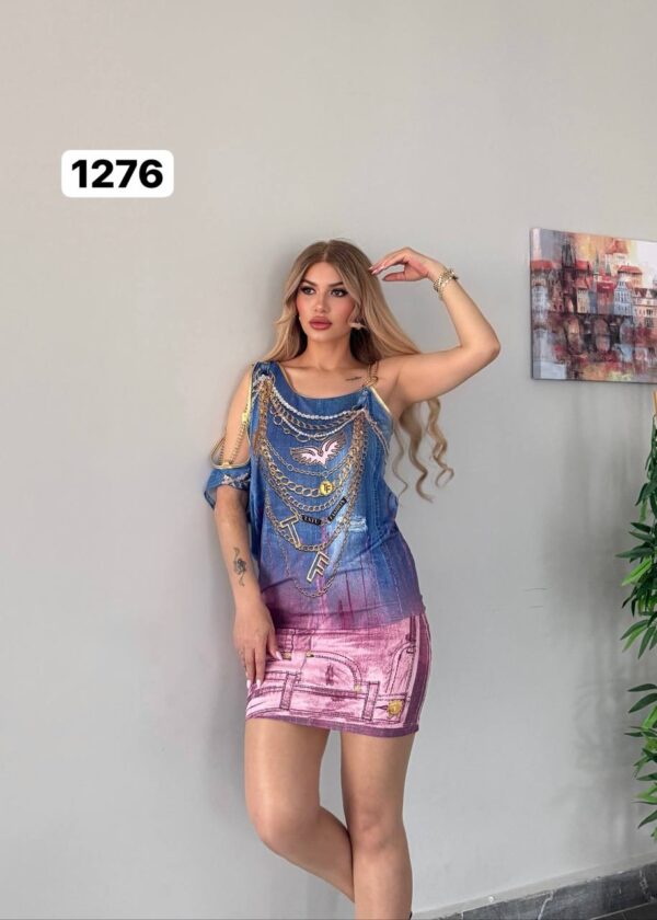 Wholesale Asymmetrical Denim & Chain Print Dress
