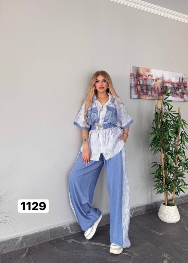 Embellished Denim & Stripe Two-Piece Set