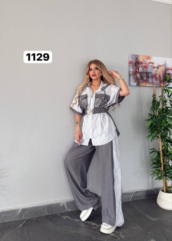 Embellished Denim & Stripe Two-Piece Set