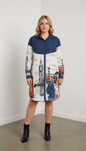 Contrast Denim London Print Shirt Dress