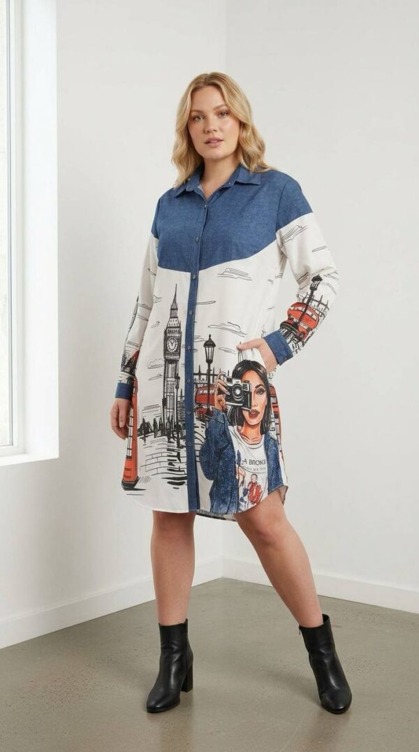 Contrast Denim London Print Shirt Dress