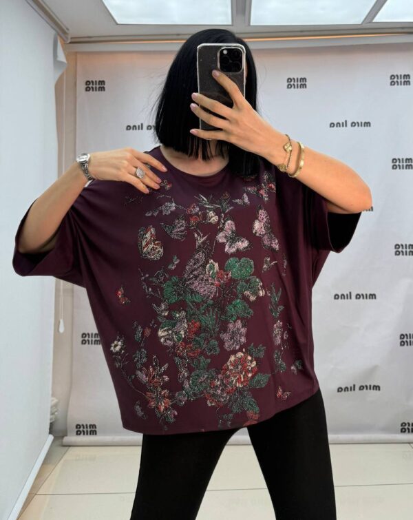 Rhinestone Floral & Butterfly Embellished Blouse