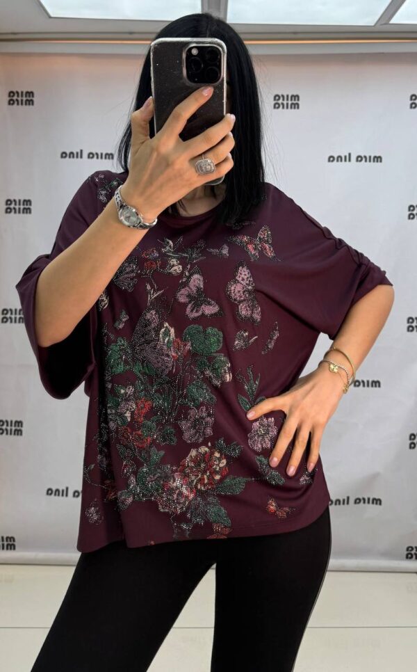 Rhinestone Floral & Butterfly Embellished Blouse