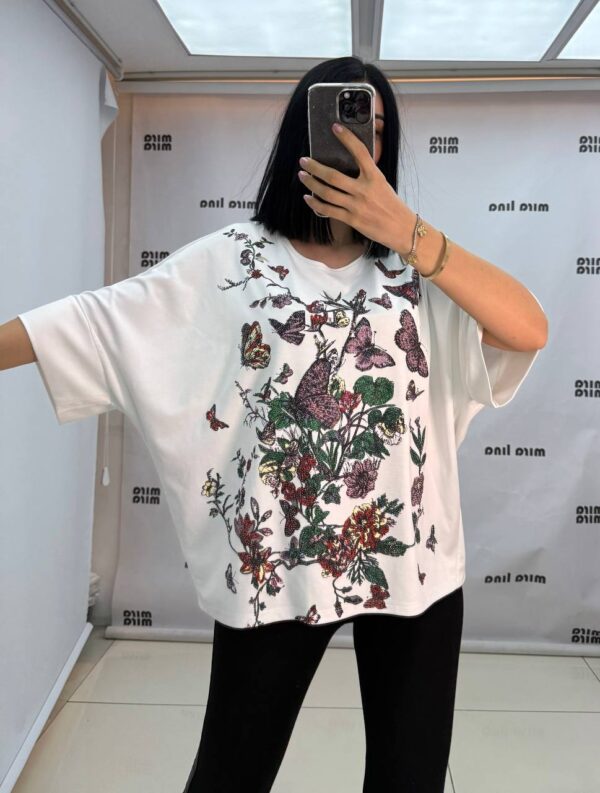 Rhinestone Floral & Butterfly Embellished Blouse