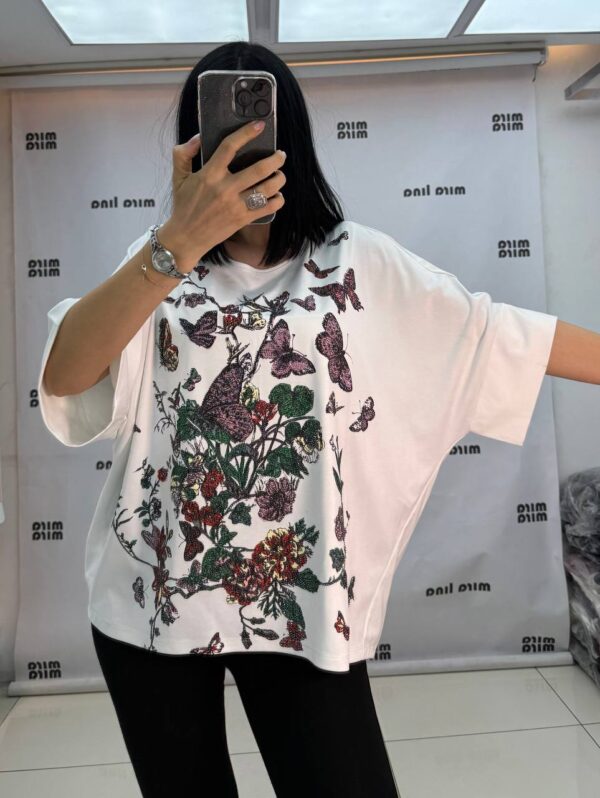 Rhinestone Floral & Butterfly Embellished Blouse