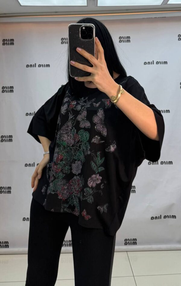 Rhinestone Floral & Butterfly Embellished Blouse