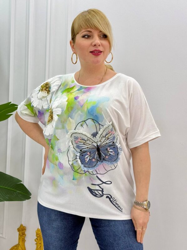 Wholesale Embellished Butterfly & Floral Print T-Shirt