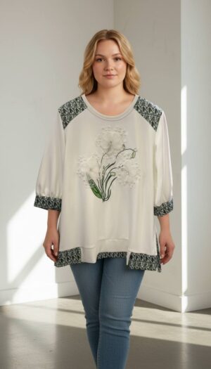 Embellished Floral Appliqué Tunic Blouse