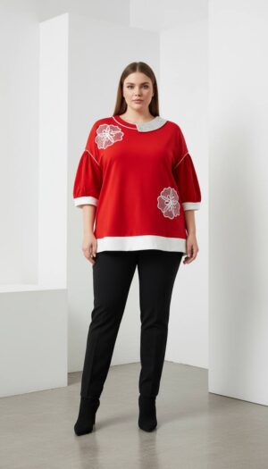 Embellished Asymmetrical Collar Tunic with Floral Appliqué
