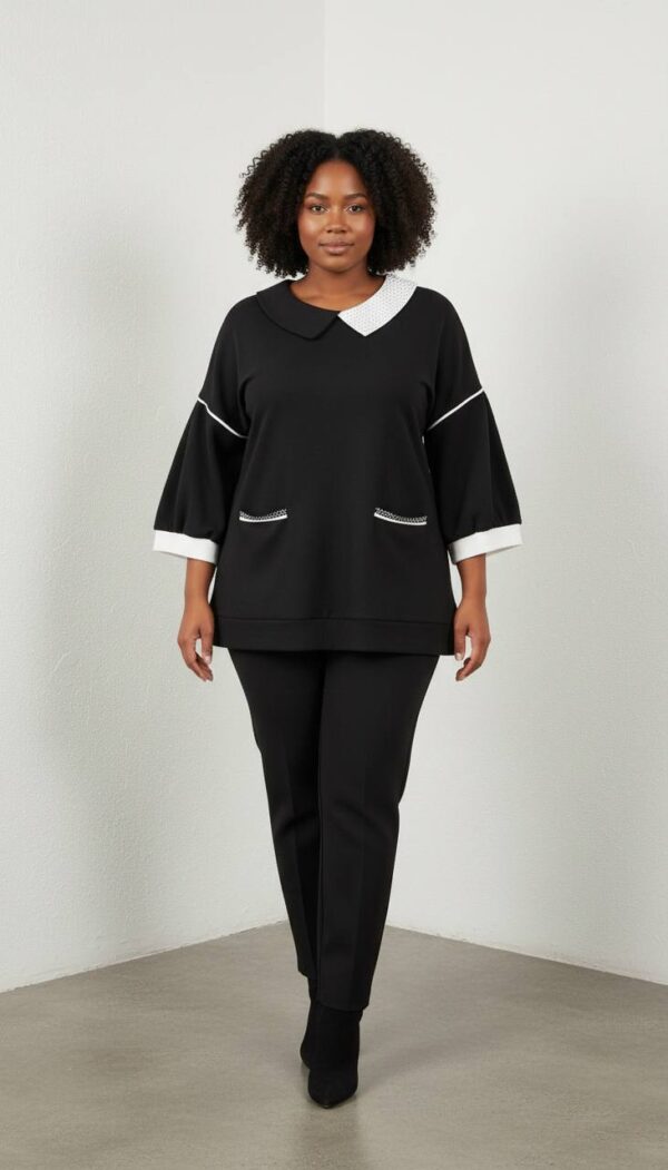 Contrast Collar Wide-Sleeve Tunic Blouse