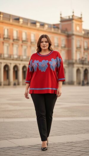Floral Applique Three-Quarter Sleeve Tunic