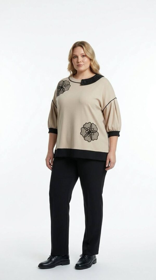 Embellished Asymmetrical Collar Tunic with Floral Appliqué