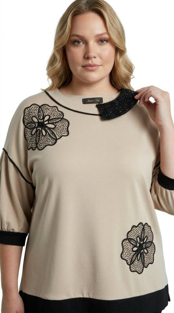Embellished Asymmetrical Collar Tunic with Floral Appliqué