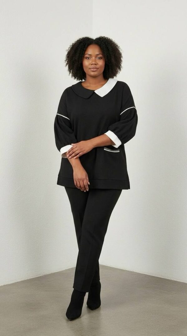 Contrast Collar Wide-Sleeve Tunic Blouse