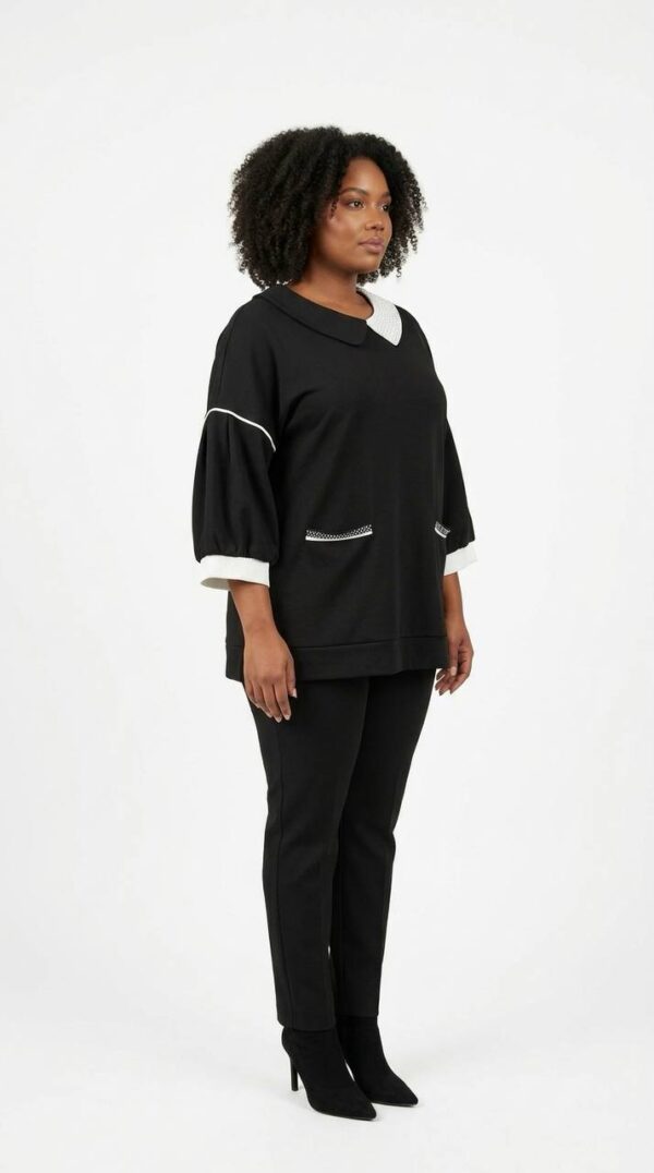 Contrast Collar Wide-Sleeve Tunic Blouse