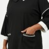 Contrast Collar Wide-Sleeve Tunic Blouse