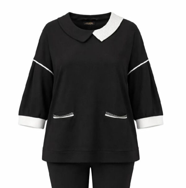 Contrast Collar Wide-Sleeve Tunic Blouse