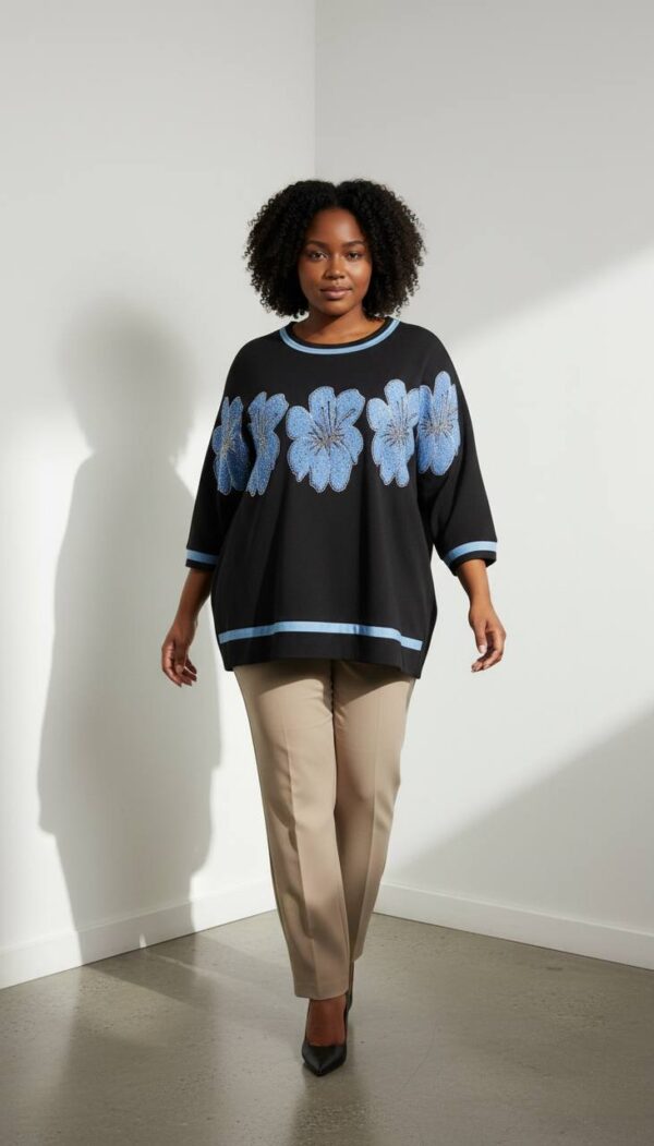 Floral Applique Three-Quarter Sleeve Tunic