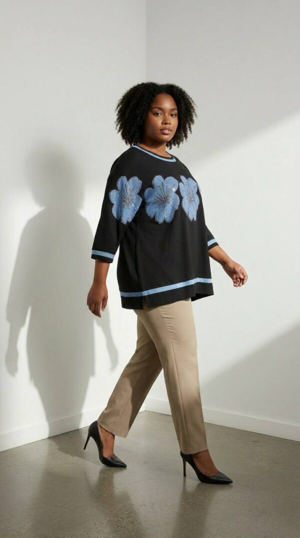 Floral Applique Three-Quarter Sleeve Tunic