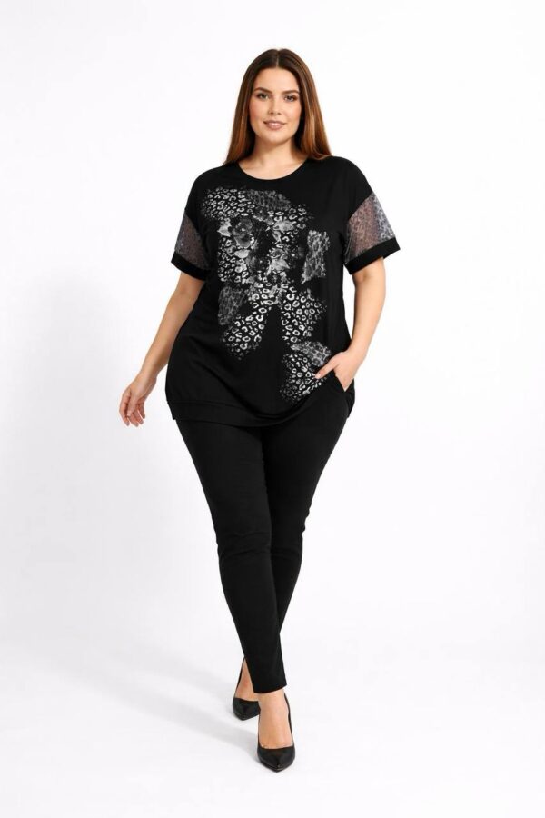 Elegant Black Animal Print Blouse with Mesh Sleeves
