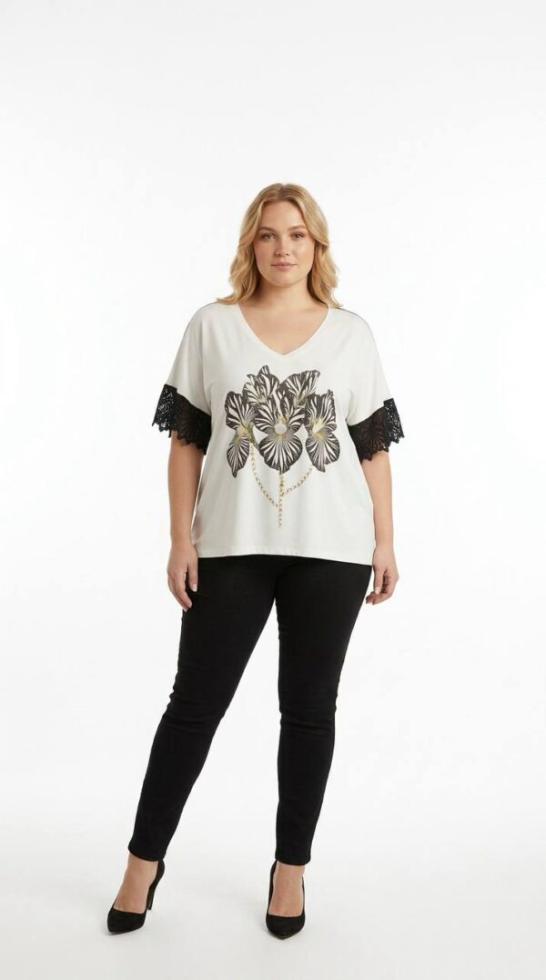 Plus Size Zebra Floral Print Top with Lace Sleeves