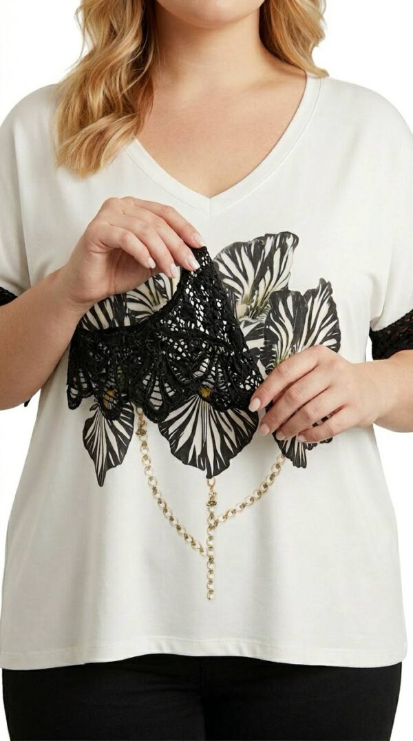 Plus Size Zebra Floral Print Top with Lace Sleeves