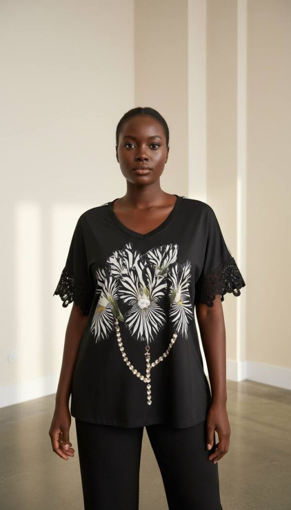 Plus Size Zebra Floral Print Top with Lace Sleeves