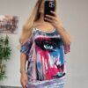Graffiti Eye Print Cold-Shoulder Dress Set