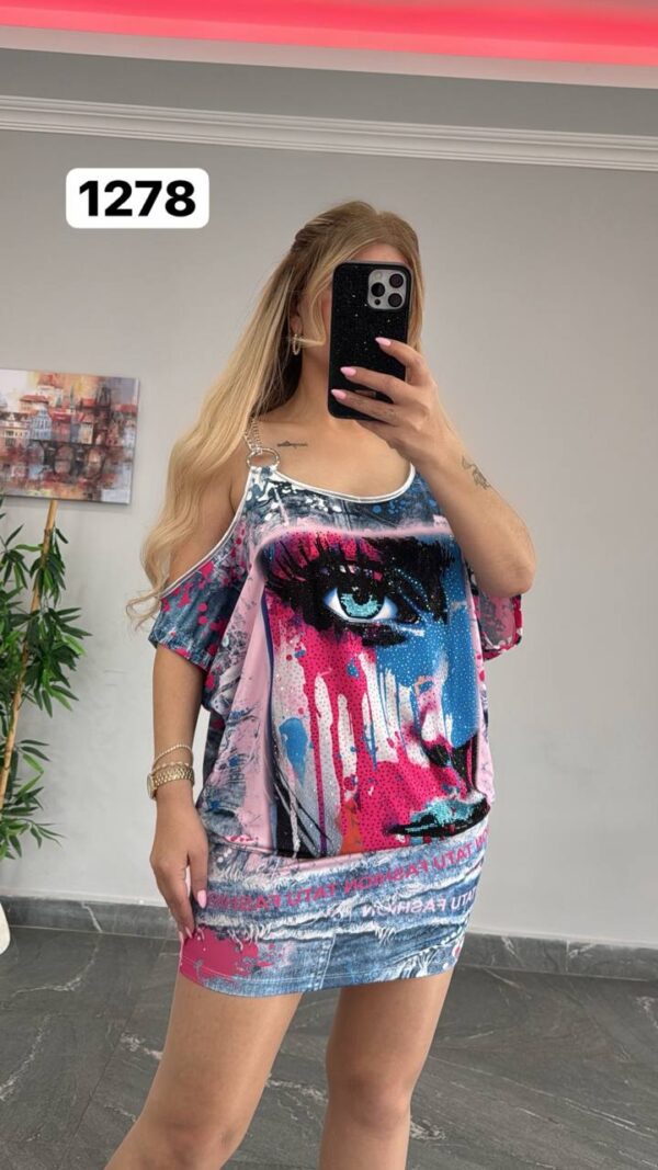 Graffiti Eye Print Cold-Shoulder Dress Set