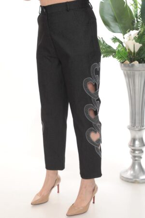 Women's Black Heart Detail Cut-Out Fashion Trousers