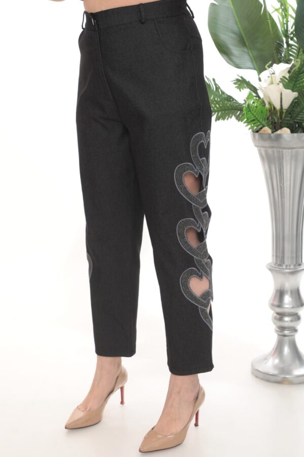 Women's Black Heart Detail Cut-Out Fashion Trousers