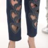 Women's Heart Cut-Out Embellished Denim Trousers