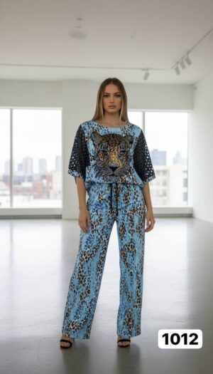 Women's Leopard Print Two-Piece Set with Embellishments