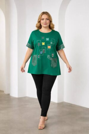 file_1374-1.jpg Elegant Green Graphic Print Women's Short Sleeve Blouse